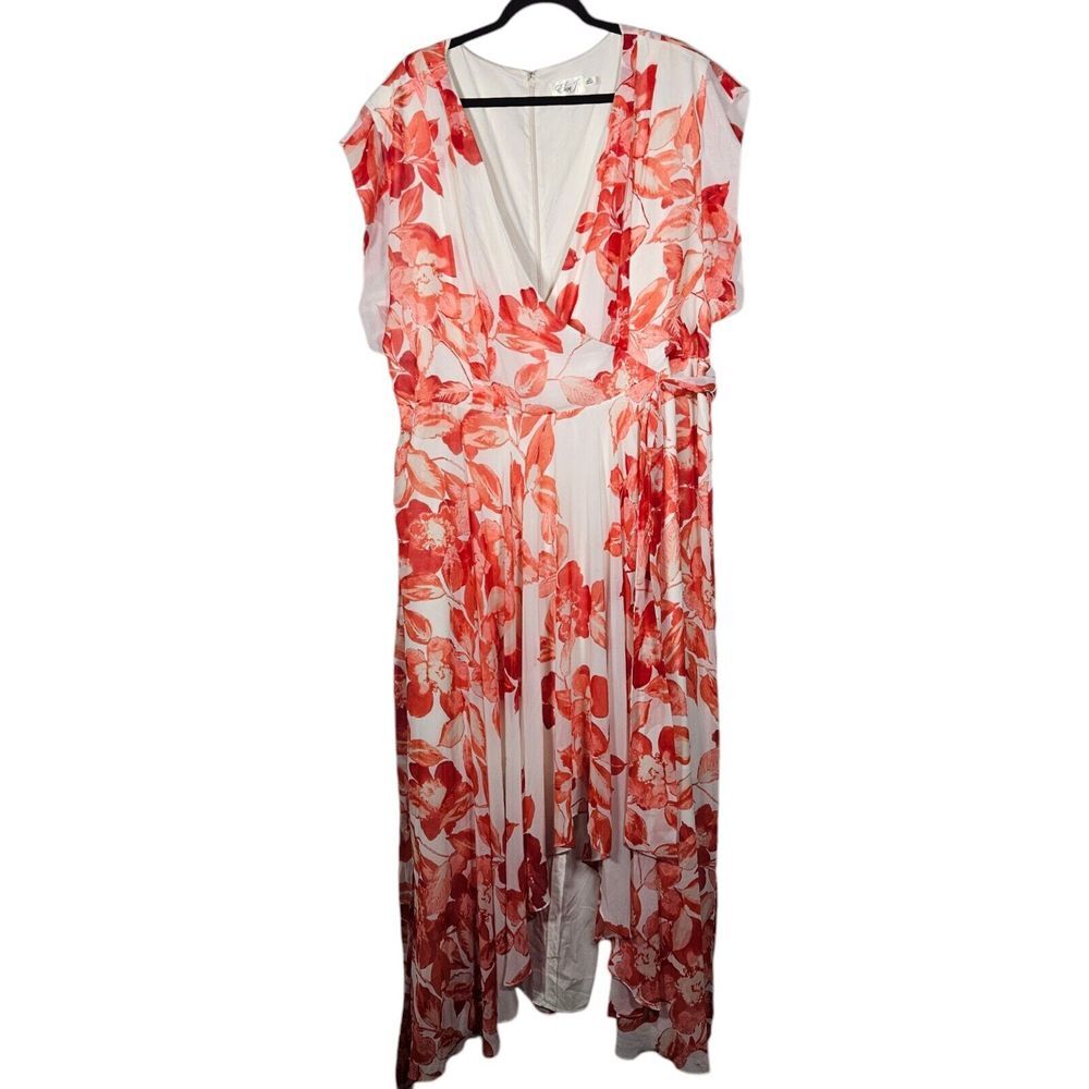 Eliza J Women Size 22W Surplice Obi High Low Chiffon Floral Red Sleeveless Dress